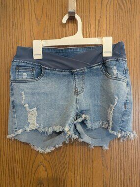 Maternity Denim Shorts‎ Distressed Raw Hem Pockets Pull On Underbelly Support-S